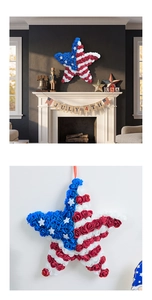 Detail of red white and blue artificial rose star wreath for July 4th home decor