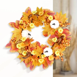 Autumn Thanksgiving Wreath Artificial Maple Leaf White Orange Pumpkin Berry Wreath For Front Door Wall Harvest Home Decor