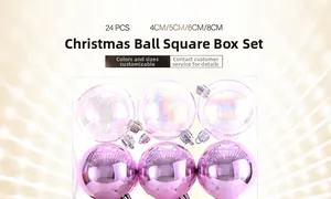Detail view of 24-piece assorted size Christmas balls with iridescent and purple finish