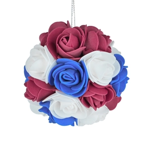Patriotic USA Independence Day red white and blue foam rose ball ornament with silver string