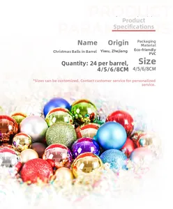 Detailed specs of 24pcs multi-colored PVC Christmas balls with matte and glitter finishes