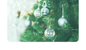 Close-up of assorted 6cm silver and transparent Christmas ornaments hanging on a pine tree