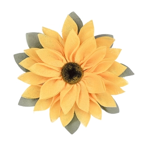 Thanksgiving sunflower wreath decoration made of yellow burlap fabric on white background