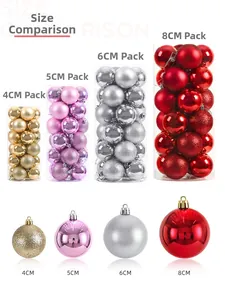 Size comparison of assorted Christmas ornaments with shiny, matte, and glitter finishes