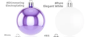 Detail of 6cm Christmas ornaments showing purple electroplated and matte white textures