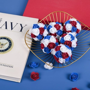 Patriotic red white and blue rose flower ball for Independence Day decor in a golden basket
