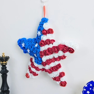 Star-shaped 4th of July wreath with red, white, and blue artificial roses for door hanging