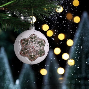 White matte Christmas ball with glitter snowflake hanging on a pine tree branch