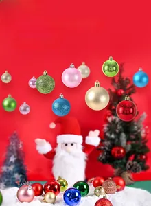 Detail of Christmas ornament set with glitter and matte finishes on a festive red background