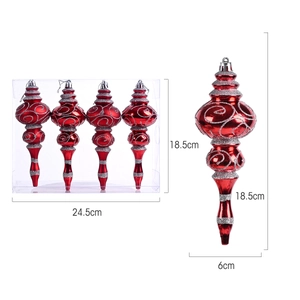 Set of 4 red and silver matte Christmas ornaments with glitter spirals for tree decor