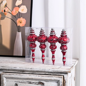 Set of 4 red Christmas ornaments with silver spiral glitter in clear packaging