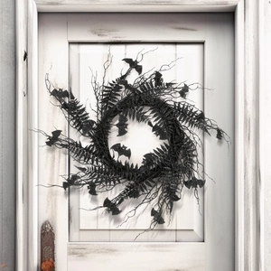 Black Bat Halloween Wreath Artificial Glitter Branches Fern Leaves Garland For Front Door Indoor Gothic Party Home Decor