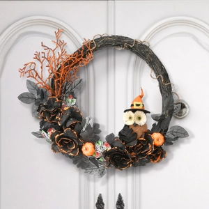Ghirlanda di Halloween Fatta a Mano Con Gufo Rose Nere e Zucche Arancioni per Decorazione Porta di Casa Festa