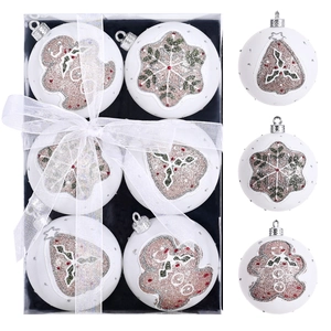 6-pack of white Christmas ornaments with glitter gingerbread man and snowflake designs