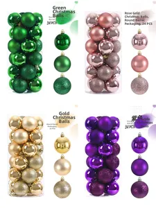 Detail view of 24pcs 6cm Christmas ball set in green, rose gold, gold, and purple finishes