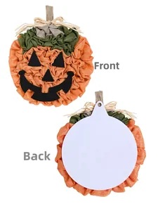 Front and back view of a handmade burlap pumpkin decoration for Halloween hanging display