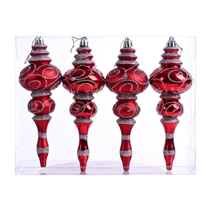 Set of four red finial Christmas ornaments with silver glitter swirls in a clear box