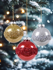 Detail von roten und goldenen Weihnachtskugeln mit Pailletten auf verschneiten Zweigen