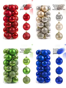 Detail of 24pcs Christmas ball sets in red, silver, green, and blue with diverse finishes