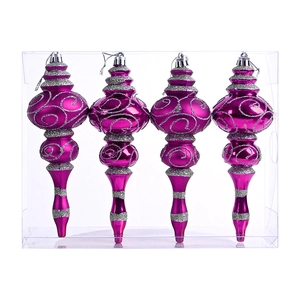 Set of four fuchsia finial drop Christmas ornaments with silver glitter swirls in a box