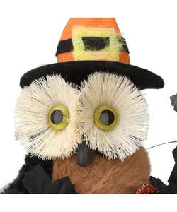 Dettaglio ravvicinato di un gufo di Halloween con un cappello da strega nero e arancione