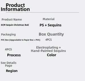 Detail view of 8cm glitter Christmas ball specifications with 4pcs PVC box packaging