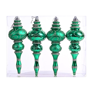 Detail of green spindle Christmas ornaments with silver spiral glitter in transparent box