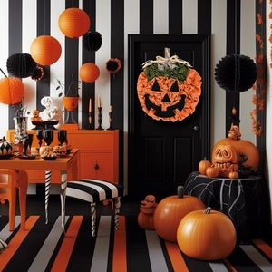 Handcrafted Halloween pumpkin wreath with burlap texture on a black and white background