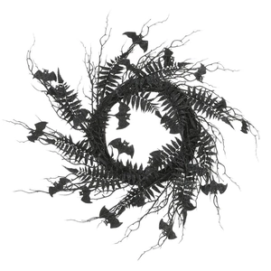 Black Halloween wreath with artificial glitter bats and faux branches on white background