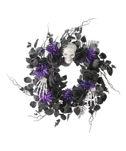 Detail of Halloween wreath with black roses, purple flowers and realistic skull