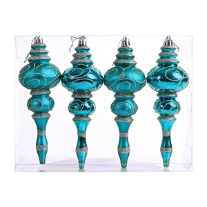 Detail view of teal Christmas finial ornaments with silver glitter baroque patterns