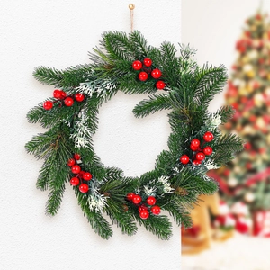 Artificial Christmas Wreath Frosted Pine Needles Red Berries Decorative Door Hanging Ornament For Home Party Holiday Decor