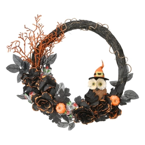 Ghirlanda Halloween con rose nere, zucche e gufo con cappello da strega per porta