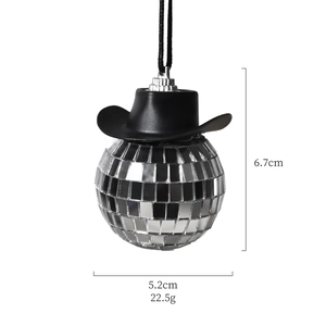 Disco ball car charm with black cowboy hat decoration and mirror tiles measuring 6.7cm
