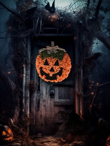 Detail of burlap Halloween pumpkin wreath with a black felt face on a gothic dark door