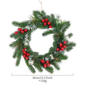 Artificial Christmas pine wreath with red berries and snow frost decor, 36cm diameter