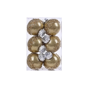 Details von sechs goldenen Glitzer-Weihnachtskugeln mit Perlenverzierung in Klarsichtbox