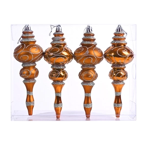 Detail of four copper-colored streamline Christmas ornaments with silver glitter swirls