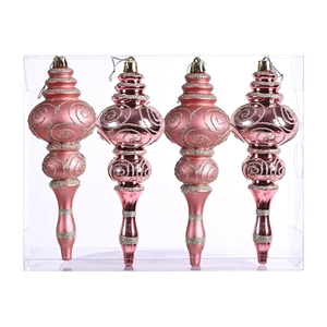 Detailed view of four pink spiral Christmas ornaments with silver glitter in clear box