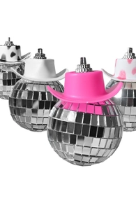 Close-up of disco ball cups with cow print, white, and pink cowboy hat lids in a group