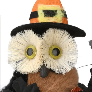 Decorazione a forma di gufo per Halloween con cappello arancione e dettagli in paglia