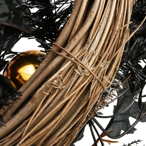 Halloween black branch wreath with dark leaves and metallic gold ornaments on white background