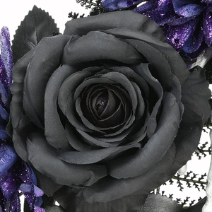Gothic black silk rose wreath with purple glitter accents for Halloween door decoration