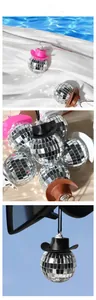 Disco ball car charm with pink cowboy hat shown in flat lay and rear view mirror setup