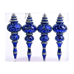 Close-up of four royal blue pagoda ornaments with silver glitter scrollwork