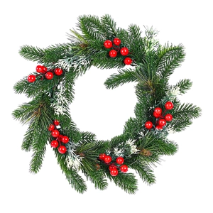 Artificial pine needle Christmas wreath with red berries and frosted white branches