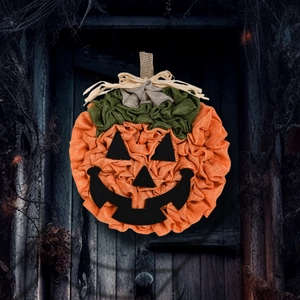 Handmade Halloween Pumpkin Fabric Wreath Jack-O-Lantern Hanging Ornament Wall Front Door Festive Party Decoration For Home