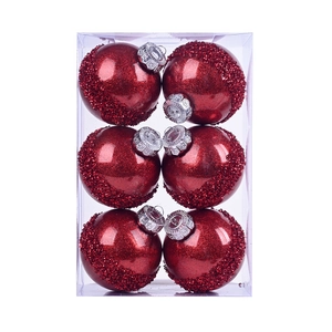 6 dunkelrote Weihnachtskugeln mit Glitzer und Politur in einer klaren Geschenkbox