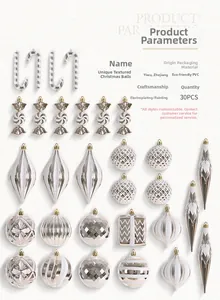 Detailed set of 30 silver and white electroplated PVC Christmas ornaments in various shapes