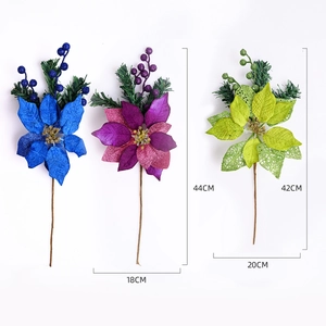 20cm glitter artificial Christmas flowers in blue, magenta and green with gold stamens